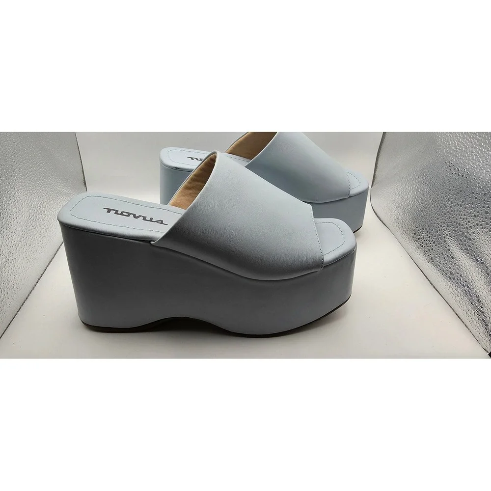 Novus Women Light Blue Platform Wedge Sandals Y2K Chunky Mule Heels Size 6